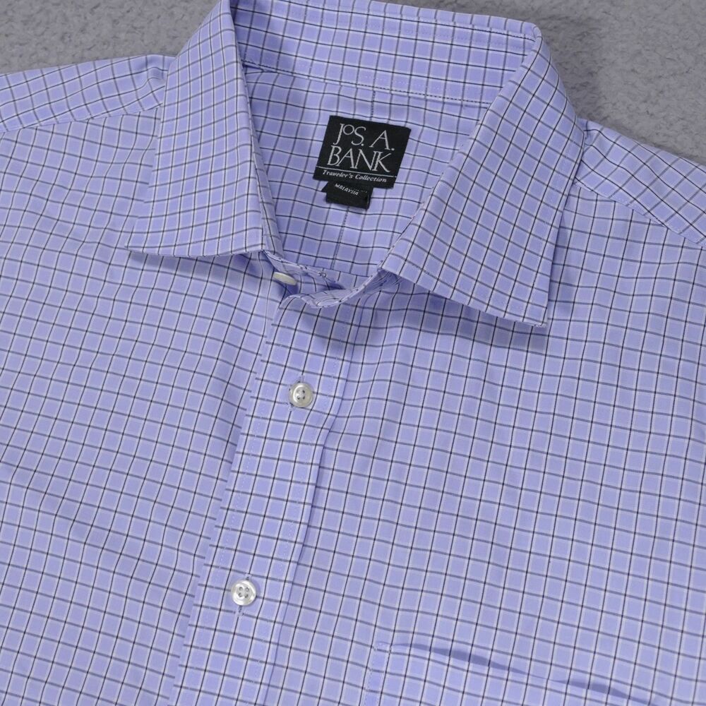 Jos A Bank Traveler Shirt Mens 17-33 Tailored Blue Plaid Button Up Long Sleeve